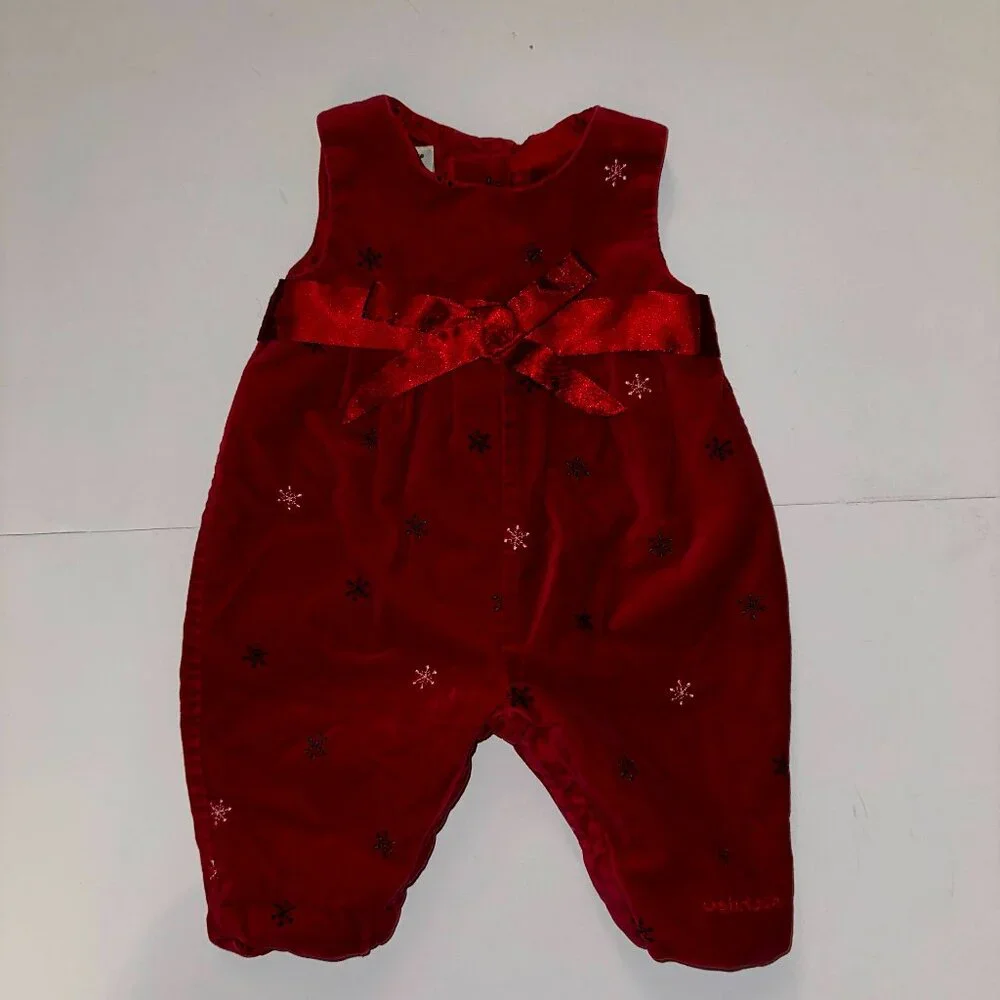 VTG OSH KOSH OshKosh Romper Sz 3-6 Mo Red Holiday Christmas Velvet Snowflake